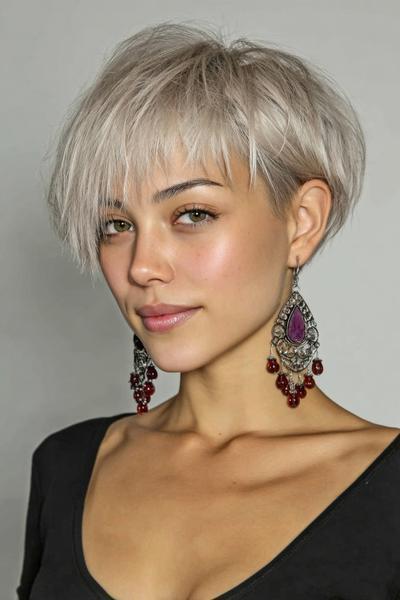 Een vrouw met een kort, stijl, zilverblond kapsel en lichte pony aan de voorkant.