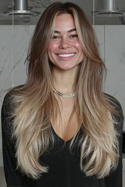 Een vrouw met lang, steil haar dat donkerder is bij de aanzet en geleidelijk overloopt in lichtere, blonde punten, met een middenscheiding en zachte, gezicht omlijstende lagen.